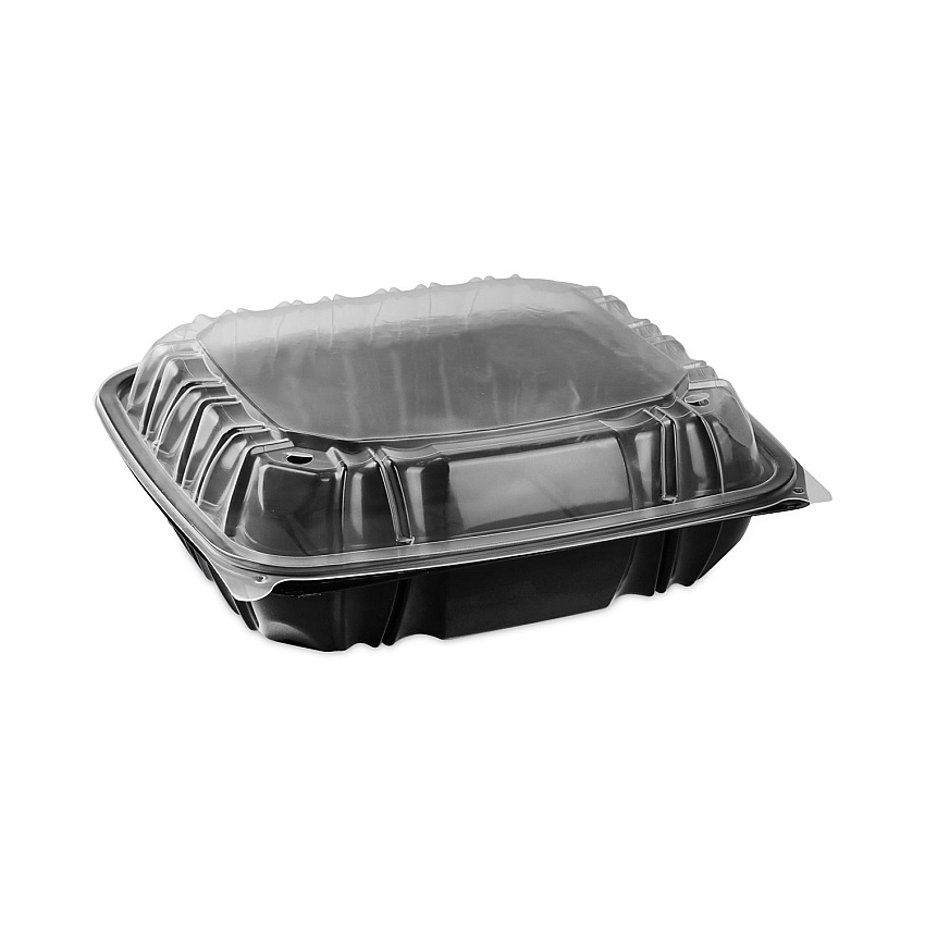 Pactiv EarthChoice Vented Dual Color Microwavable Hinged Lid Container, 1-Compartment 66oz, 10.5x9.5x3, Black/Clear, Plastic, 132/CT (DC109100B000)