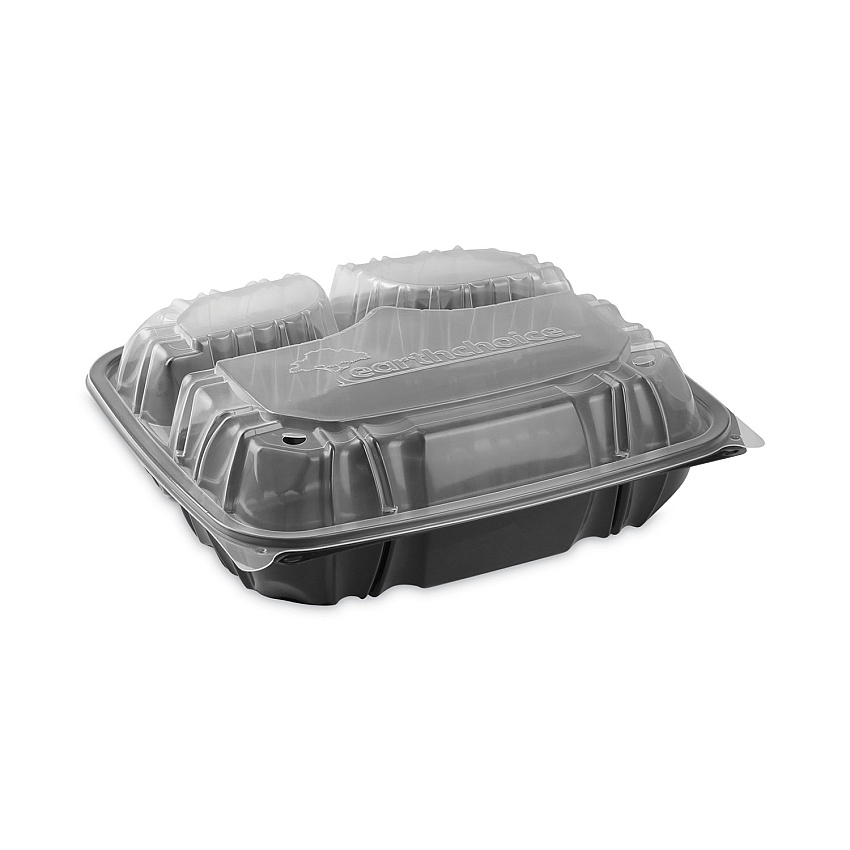 Pactiv EarthChoice Vented Dual Color Microwavable Hinged Lid Container, 3-Comp Base/Lid, 34 oz, 10.5x9.5x3, Blk/Clr, Plastic, 132/CT (DC109330B000)