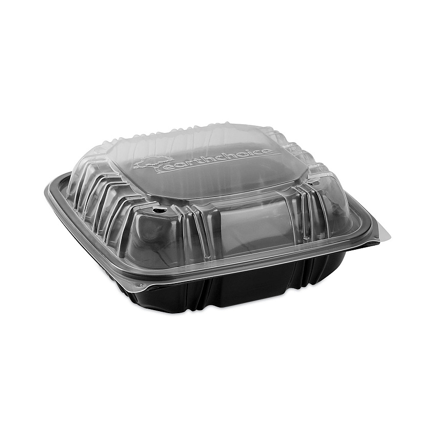 Pactiv EarthChoice Vented Dual Color Microwavable Hinged Lid Container, 3-Compartment, 21oz, 8.5x8.5x3, Black/Clear, Plastic, 150/CT (DC858310B000)