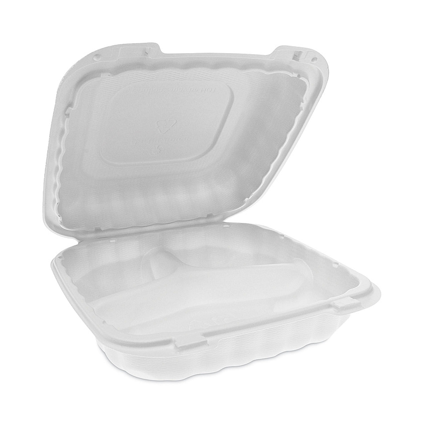 Pactiv EarthChoice SmartLock Microwavable MFPP Hinged Lid Container, 3-Compartment, 8.31 x 8.35 x 3.1, White, Plastic, 200/Carton (YCN808030000)