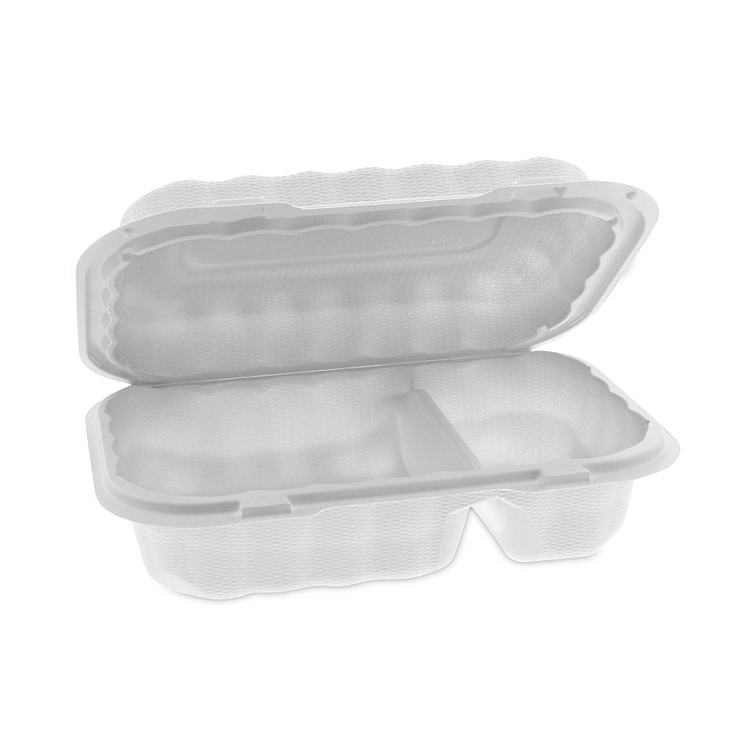 Pactiv EarthChoice SmartLock Microwavable MFPP Hinged Lid Container, 2-Compartment, 9 x 6 x 3, White, Plastic, 270/Carton (YCN809620000)