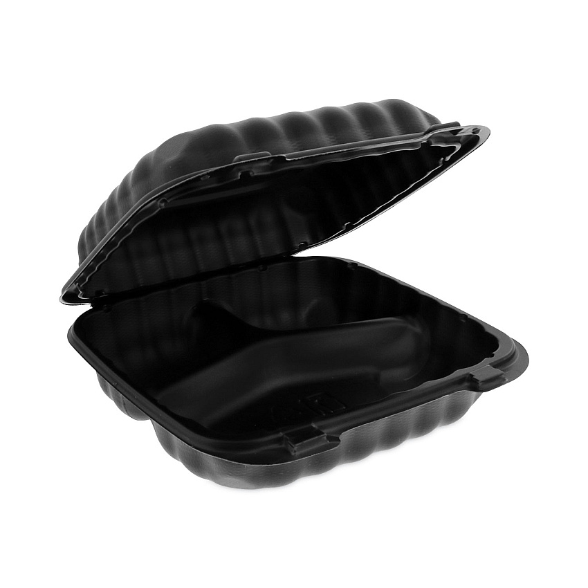 Pactiv EarthChoice SmartLock Microwavable MFPP Hinged Lid Container, 3-Compartment, 8.3 x 8.3 x 3.4, Black, Plastic, 200/Carton (YCNB08030000)