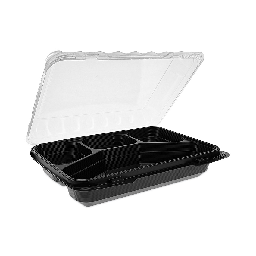 Pactiv Dual Color SmartLock Hinged Lid Container, 4-Compartment, 10.75 x 8 x 3.25, Black Base/Clear Top, Plastic, 125/Carton (YEH891140000)