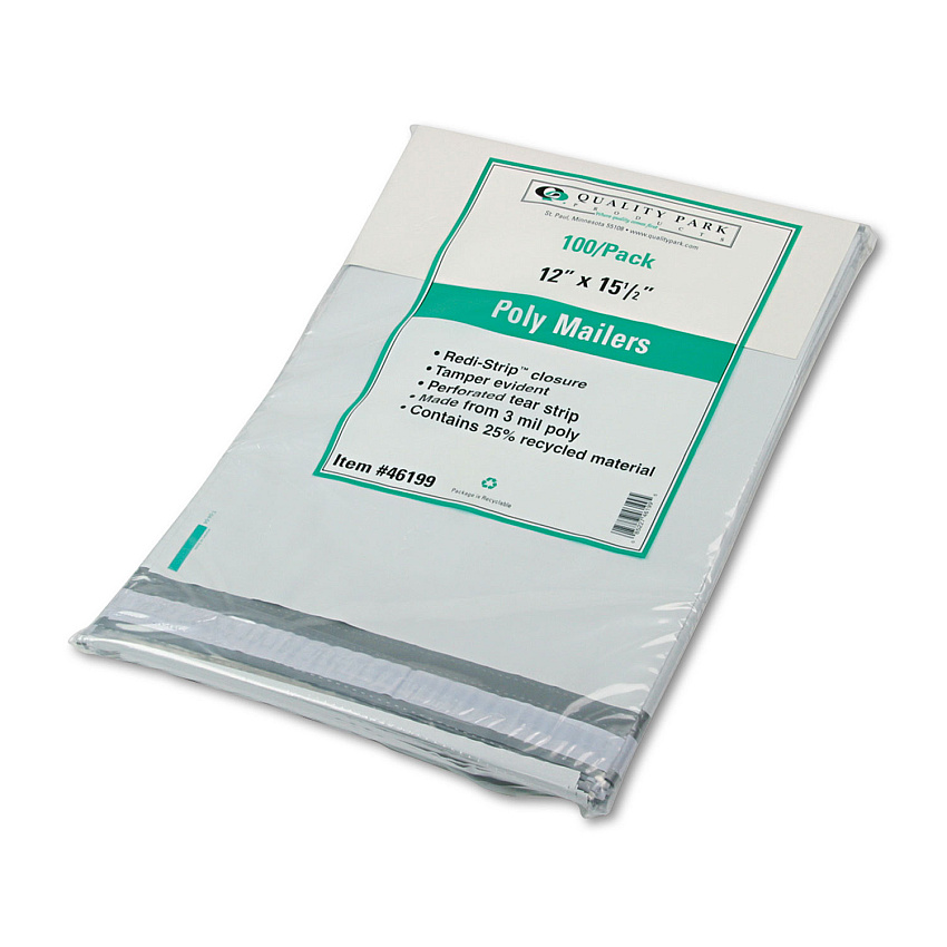 Quality Park Redi-Strip Poly Mailer, #5, Square Flap with Perforated Strip, Redi-Strip Adhesive Closure, 12 x 15.5, White, 100/Pack (46199)
