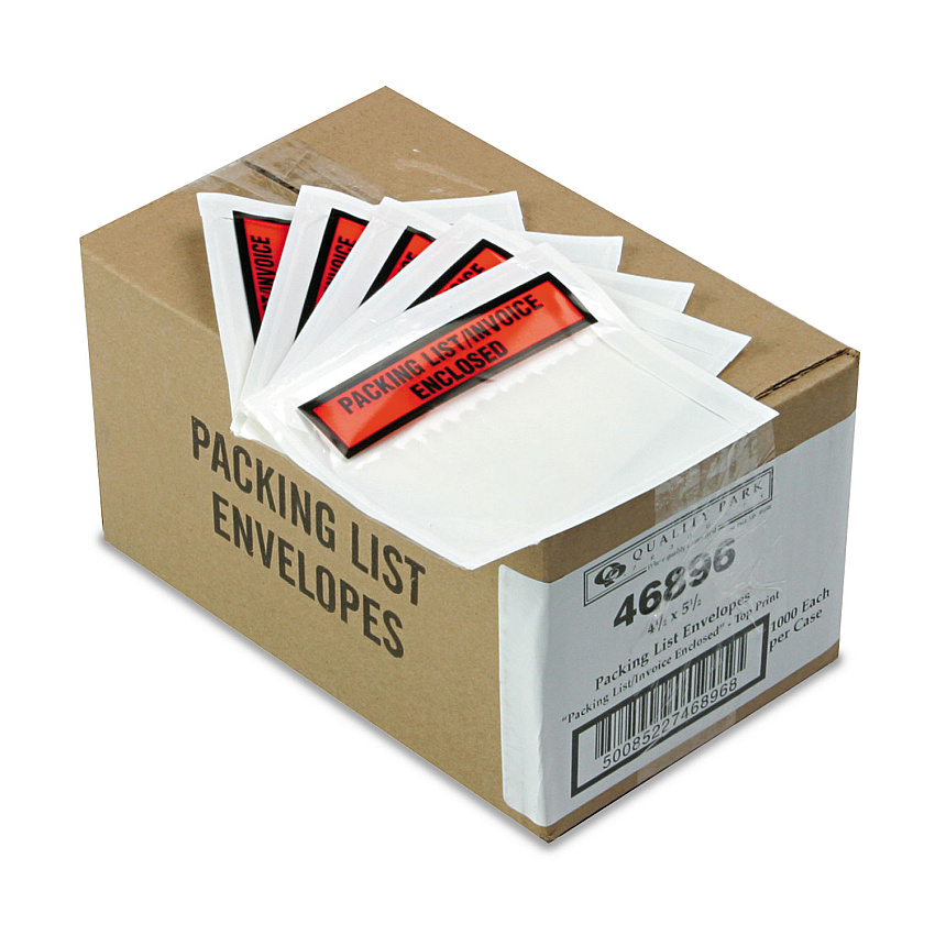 Quality Park Self-Adhesive Packing List Envelope, Top-Print Front: Packing List/Invoice Enclosed, 4.5 x 5.5, Clear/Orange, 1,000/Carton (46896)