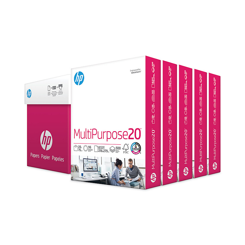 HP MultiPurpose20 Paper, 96 Bright, 20 lb Bond Weight, 8.5 x 11, White, 500 Sheets/Ream, 5 Reams/Carton (115100)