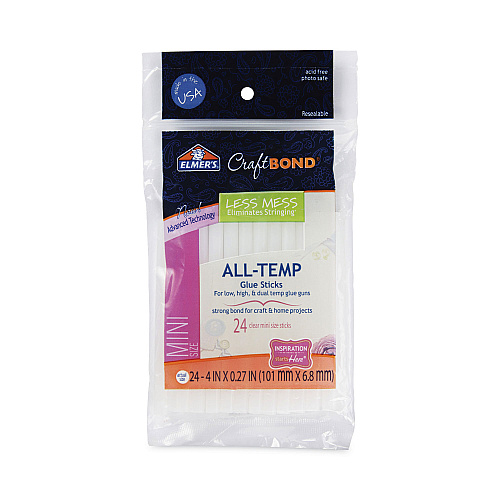 Elmer's CraftBond Less Mess All-Temp Glue Sticks, 0.27" x 4", Dries Clear, 24/Pack (E6055)