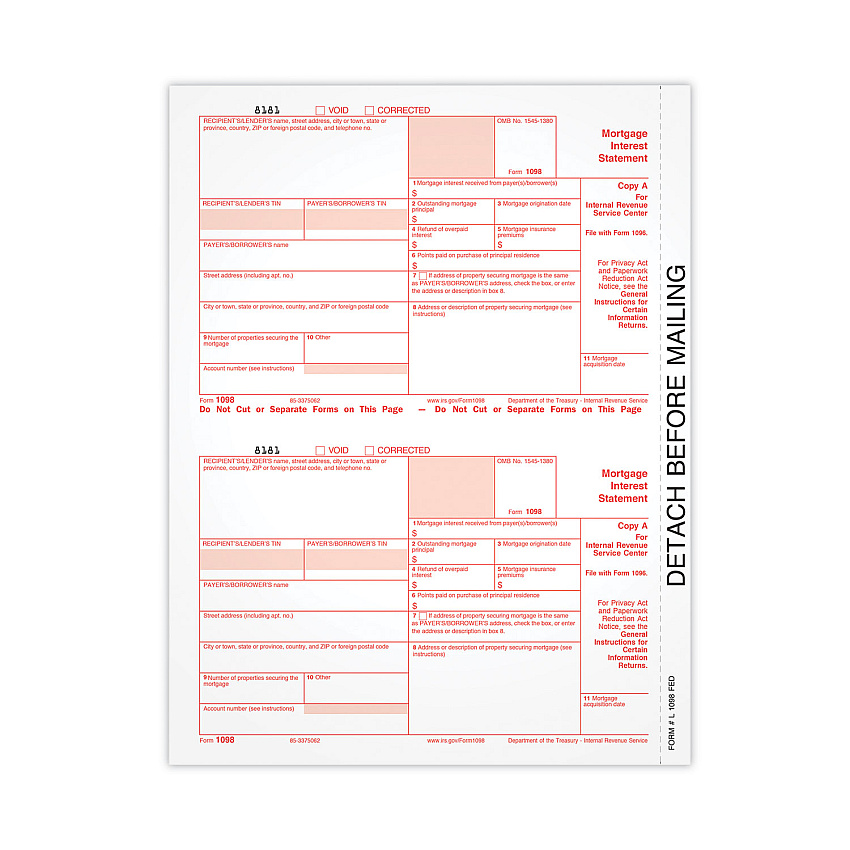 TOPS 1098 Mortgage Interest Tax Form, Fiscal Year: 2021, One-Part (No Copies), 8 x 5.5, 2 Forms/Sheet, 50 Forms Total (L1098FEDS)