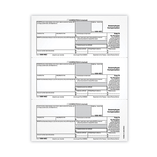 TOPS 1099-NEC Tax Forms, Fiscal Year: 2021, One-Part (No Copies), 8.5 x 3.67, 3 Forms/Sheet, 50 Forms Total (LNECRECS)
