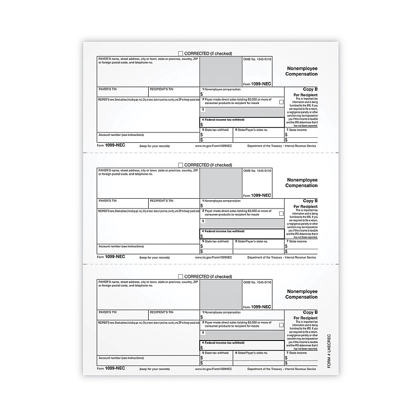 TOPS 1099-NEC Tax Forms, Fiscal Year: 2021, One-Part (No Copies), 8.5 x 3.67, 3 Forms/Sheet, 50 Forms Total (LNECRECS)