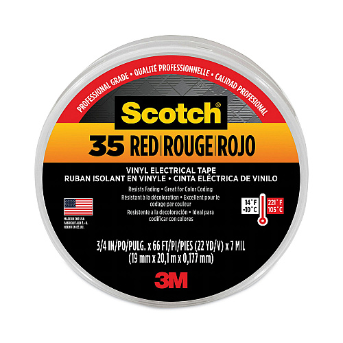 3M Scotch 35 Vinyl Electrical Color Coding Tape, 3" Core, 0.75" x 66 ft, Red (10810)