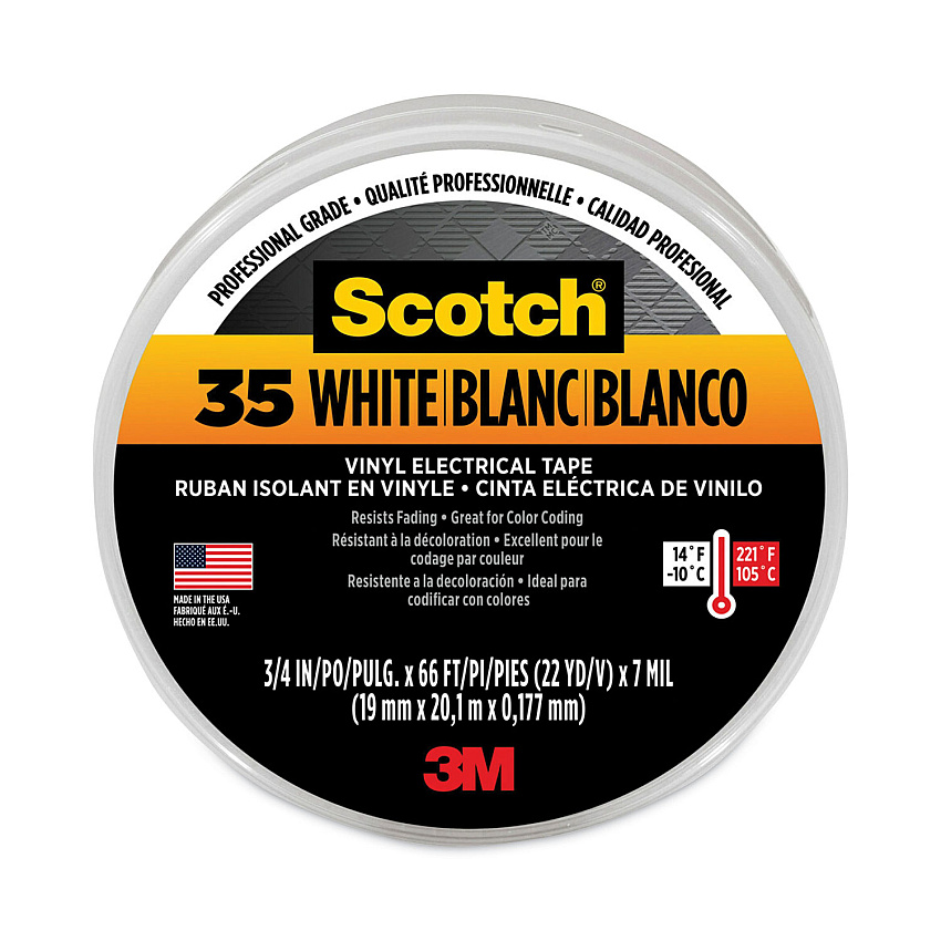 3M Scotch 35 Vinyl Electrical Color Coding Tape, 3" Core, 0.75" x 66 ft, White (10828)