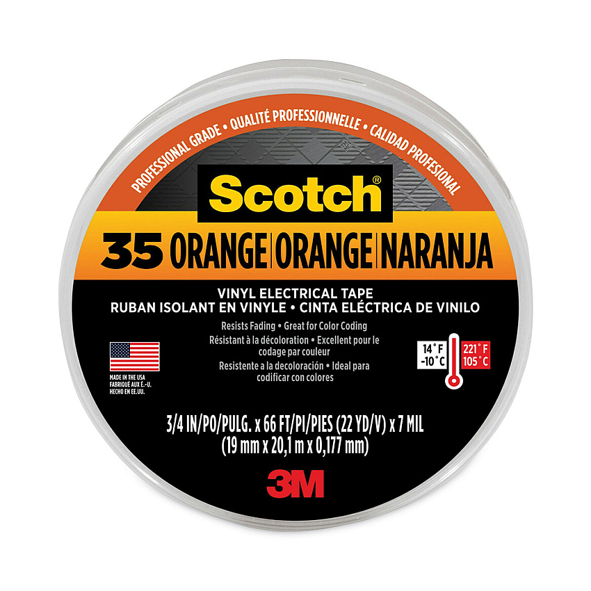 3M Scotch 35 Vinyl Electrical Color Coding Tape, 3" Core, 0.75" x 66 ft, Orange (10869)