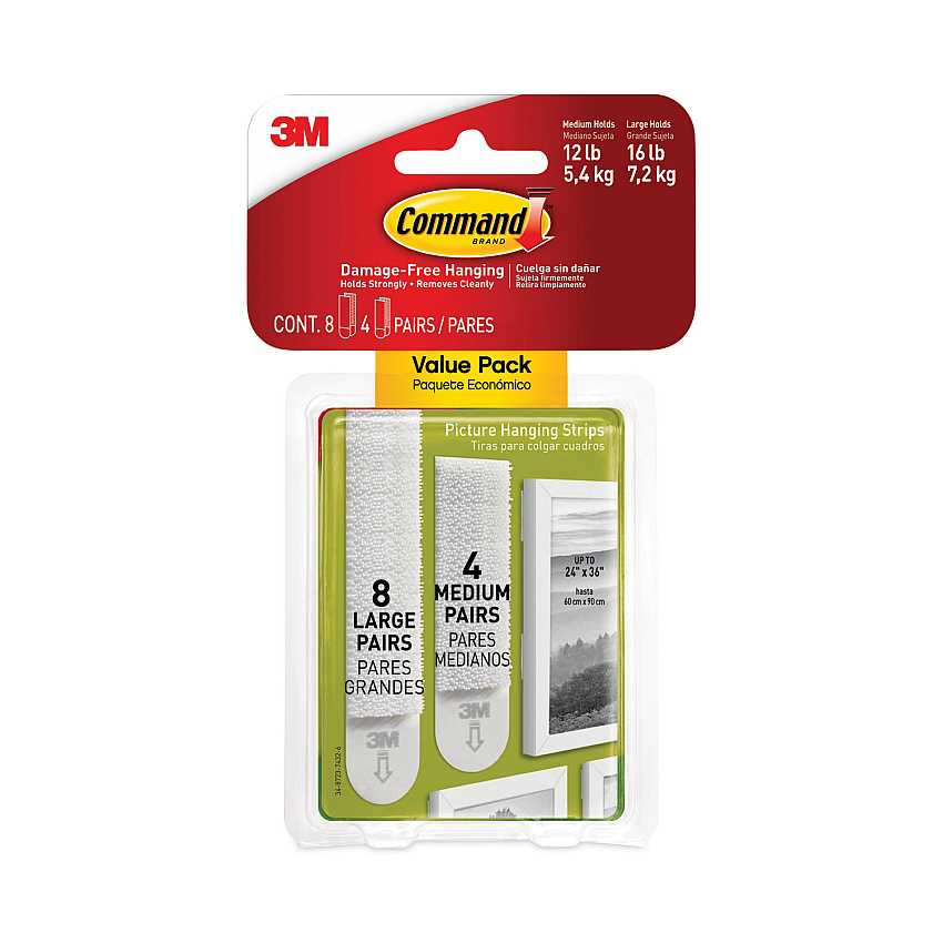 Command Picture Hanging Strips, Value Pack, Removable, (8) Large 0.63 x 3.63 Pairs, (4) Medium 0.5 x 2.75 Pairs, White (17209ES)