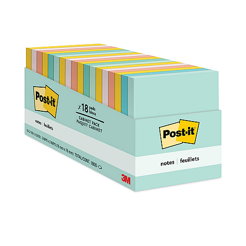 Post-it Original Pads in Beachside Cafe Collection Colors, Cabinet Pack, 3" x 3", 100 Sheets/Pad, 18 Pads/Pack (65418APCPPK)
