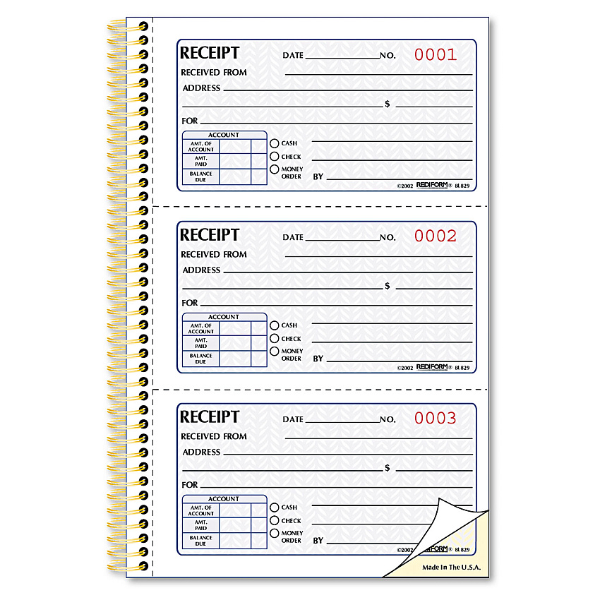 Rediform Gold Standard Money Receipt Book, Two-Part Carbonless, 5 x 2.75, 3 Forms/Sheet, 225 Forms Total (8L829)