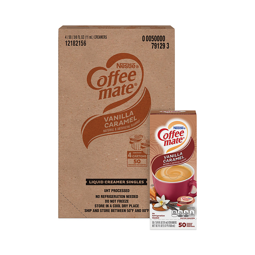 Coffee-mate Liquid Coffee Creamer, Vanilla Caramel, 0.38 oz Mini Cups, 50/Box, 4 Boxes/Carton, 200 Total/Carton (79129CT)