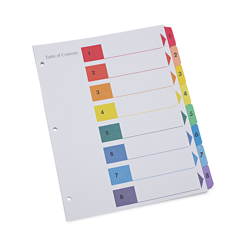 Universal Deluxe Table of Contents Dividers for Printers, 8-Tab, 1 to 8; Table Of Contents, 11 x 8.5, White, 6 Sets (UNV24802)