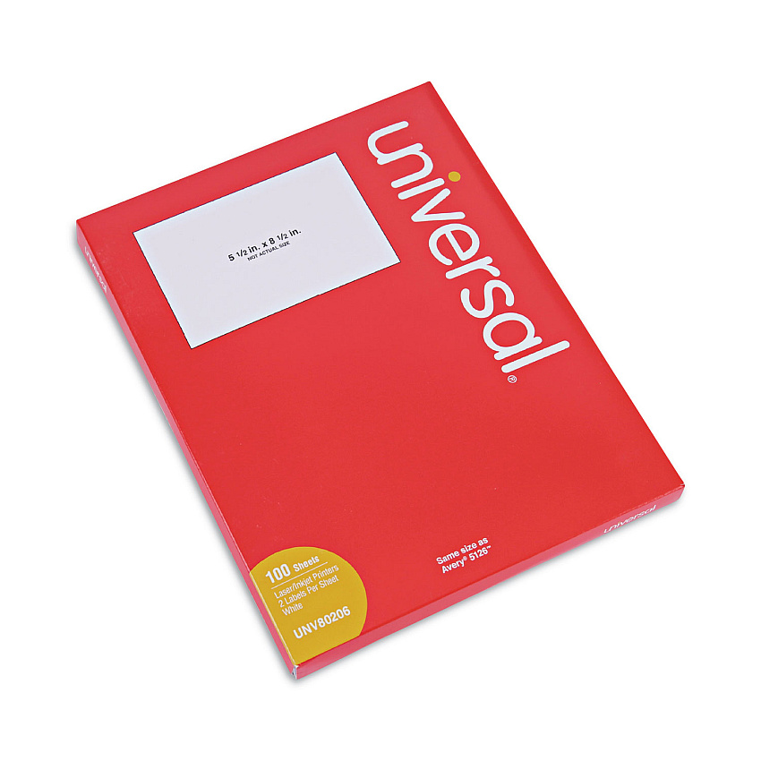 Universal White Labels, Inkjet/Laser Printers, 5.5 x 8.5, White, 2/Sheet, 100 Sheets/Pack (UNV80206)