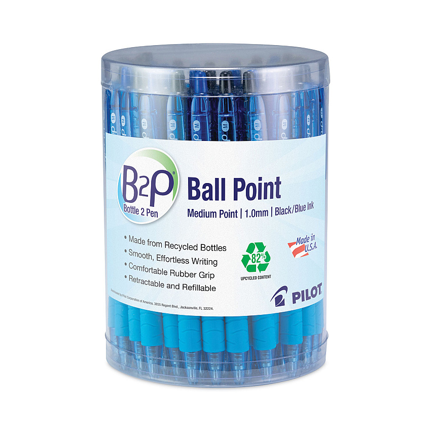 Pilot B2P Bottle-2-Pen Recycled Ballpoint Pen, Retractable, Medium 1 mm, Assorted Ink Colors, Translucent Blue Barrel, 36/Pack (57050)