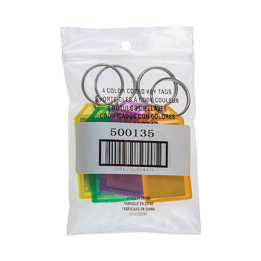 CONTROLTEK Key Tags, Metal/Plastic, Green/Orange/Purple/Yellow, 4/Pack (500135)