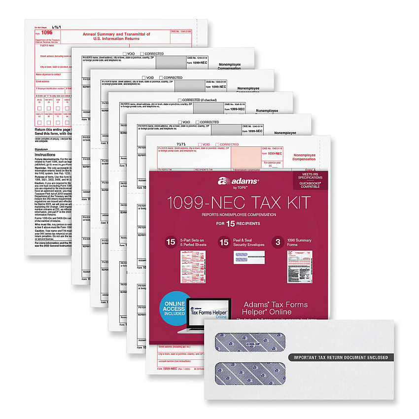 Adams 4-Part 1099-NEC Tax Form Kit with Security Envelopes and Tax Forms Helper, 2024, 8.5 x 3.66, 3 Forms/Sheet, 15 Forms Total (22906KIT)