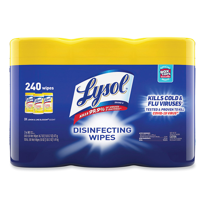 Lysol&reg; Disinfecting Wipes, 1-Ply, 7 x 7.25, Lemon and Lime Blossom, White, 80 Wipes/Canister, 3 Canisters/Pack (84251PK)
