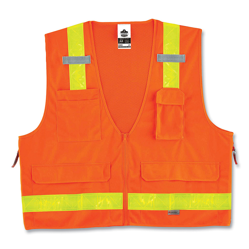 ergodyne GloWear 8250ZHG Class 2 Hi-Gloss Surveyors Zipper Vest, Polyester, Large/X-Large, Orange (21435)