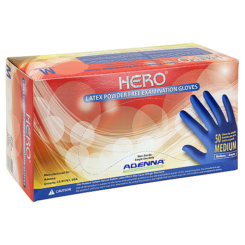 Hero Latex Pwdfree 14 Mil Extended Cuff Exam Gloves Blue Med, Case Of 500 (HER005)