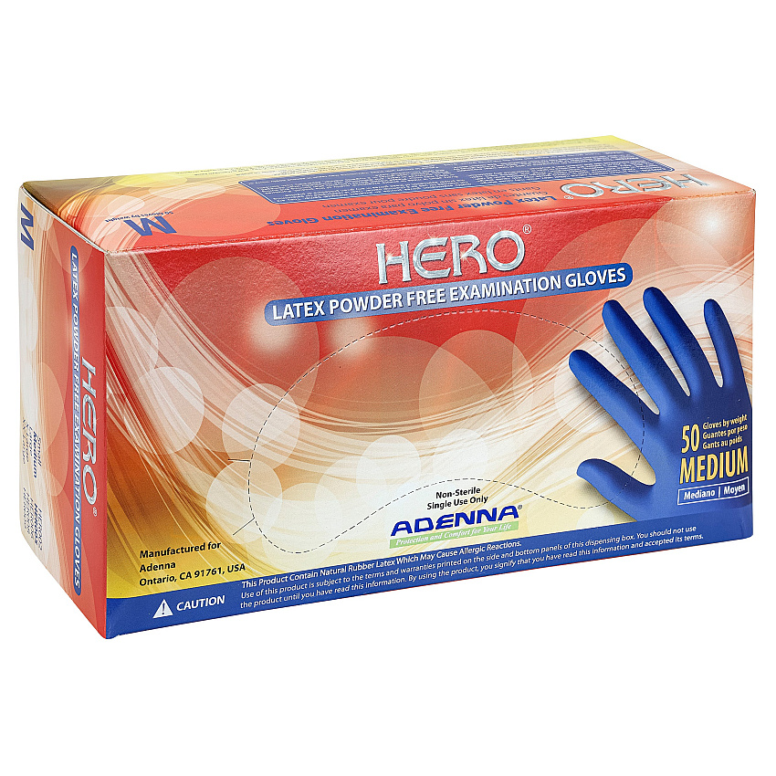 Hero Latex Pwdfree 14 Mil Extended Cuff Exam Gloves Blue Med, Case Of 500 (HER005)