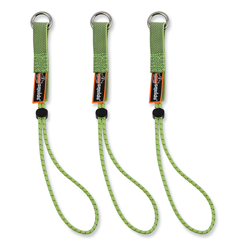 ergodyne Squids 3703 Elastic Loop Tool Tails with D-Rings, 15 lb Max Working Capacity, 15" Long, Lime, 3/Pack, 20 Packs/Carton (19767BULK)