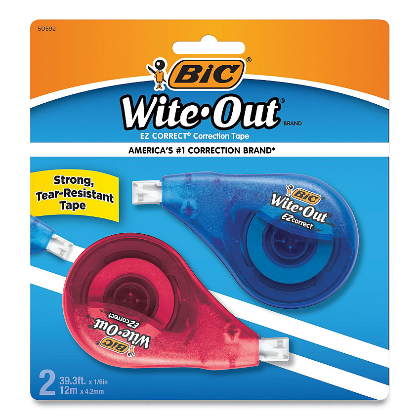 BIC Wite-Out EZ Correct Correction Tape, Non-Refillable, Randomly Assorted Applicator Colors, 0.17" x 472", 2/Pack (WOTAPP21)