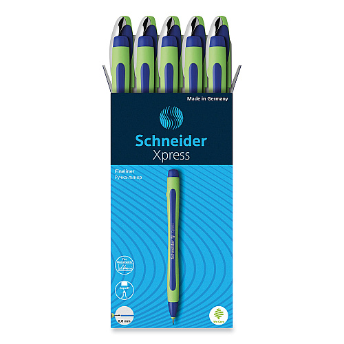 Schneider Xpress Fineliner Porous Point Pen, Stick, Medium 0.8 mm, Blue Ink, Blue/Green Barrel, 10/Box (190003)