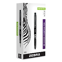 Zebra Fountain Pen, Fine 0.6 mm, Black Ink, Black/Gray Barrel, 12/Pack (48310)