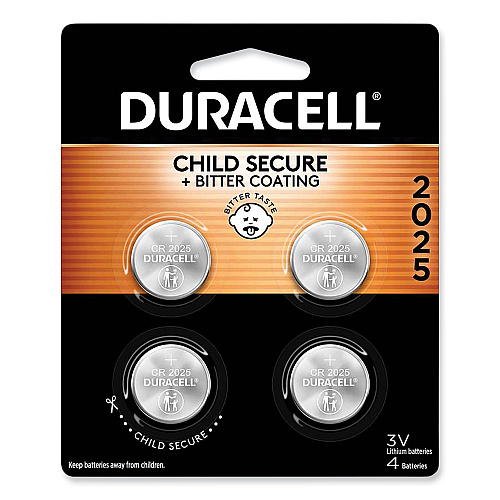 Duracell Lithium Coin Batteries With Bitterant, 2025, 4/Pack (DL2025B4PK)