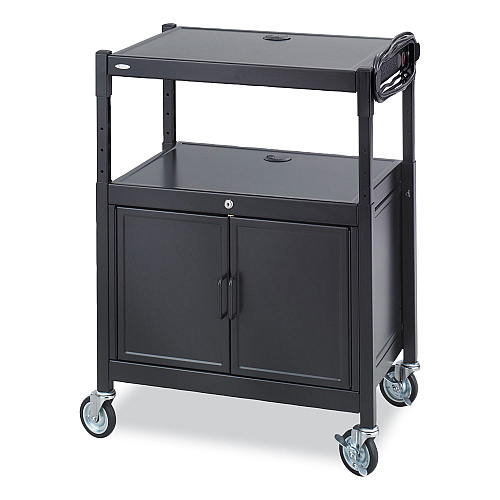 Safco Steel Adjustable AV Cart with Cabinet, Metal, 3 Shelf, 6 AC Outlets, 40 lb Capacity, 26.75 x 20.5 x 42, Black (8943BL)