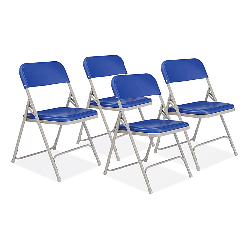 NPS 800 Series Premium Plastic Folding Chair, Supports Up to 500 lb, 18" Seat Height, Blue Seat, Blue Back, Gray Base, 4/Carton (805)