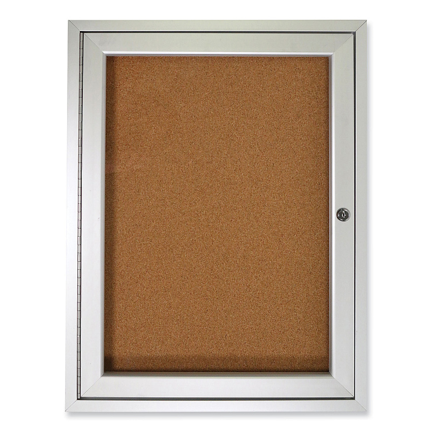 Ghent 1 Door Enclosed Natural Cork Bulletin Board with Satin Aluminum Frame, 36 x 36, Tan Surface (PA13636K)