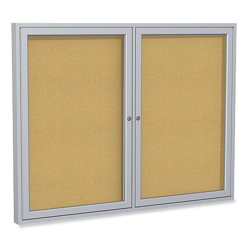 Ghent 2 Door Enclosed Natural Cork Bulletin Board with Satin Aluminum Frame, 48 x 36, Tan Surface (PA23648K)