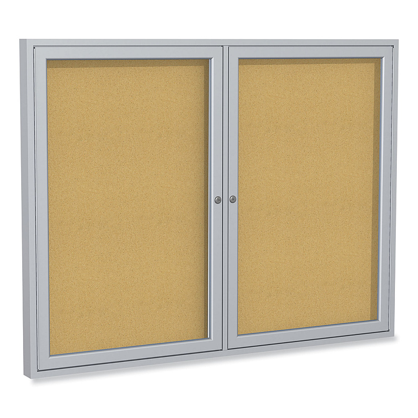 Ghent 2 Door Enclosed Natural Cork Bulletin Board with Satin Aluminum Frame, 48 x 36, Tan Surface (PA23648K)