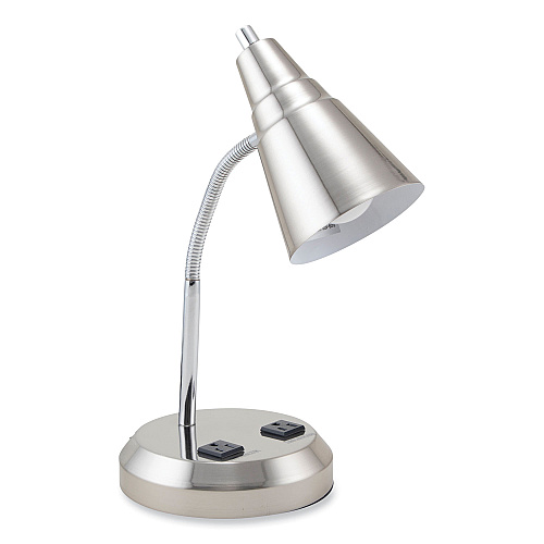 V-Light LED Gooseneck Desk Lamp with Charging Outlets, Gooseneck,15" High, Brushed Steel (VS20105BN)