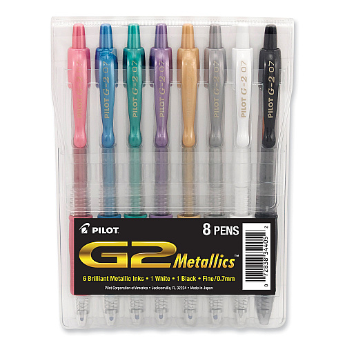 Pilot G2 Metallics Gel Pen, Retractable, Fine 0.7 mm, Assorted Ink and Barrel Colors, 8/Pack (34405)