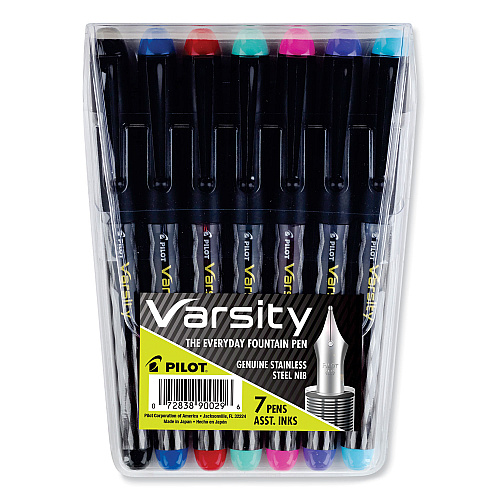 Pilot Varsity Fountain Pen, Medium 1 mm, Assorted Ink and Barrel Colors, 7/Pack (90029)