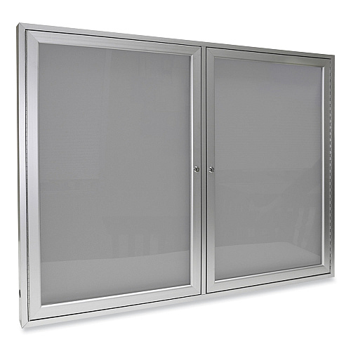 Ghent 2 Door Enclosed Vinyl Bulletin Board with Satin Aluminum Frame, 60 x 48, Silver Surface (PA24860VX193)