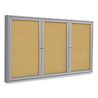 Ghent 3 Door Enclosed Natural Cork Bulletin Board with Satin Aluminum Frame, 72 x 48, Tan Surface (PA34872K)