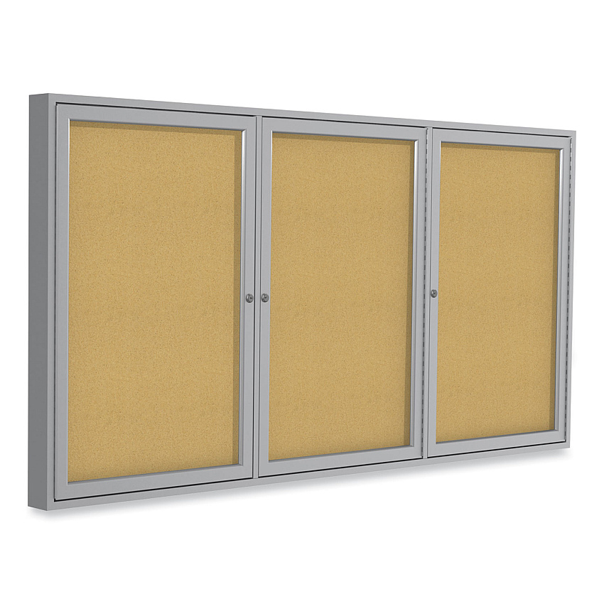 Ghent 3 Door Enclosed Natural Cork Bulletin Board with Satin Aluminum Frame, 72 x 48, Tan Surface (PA34872K)