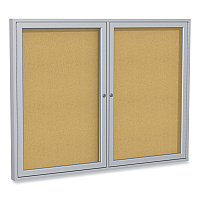 Ghent 2 Door Enclosed Natural Cork Bulletin Board with Satin Aluminum Frame, 60 x 48, Tan Surface (PA24860K)