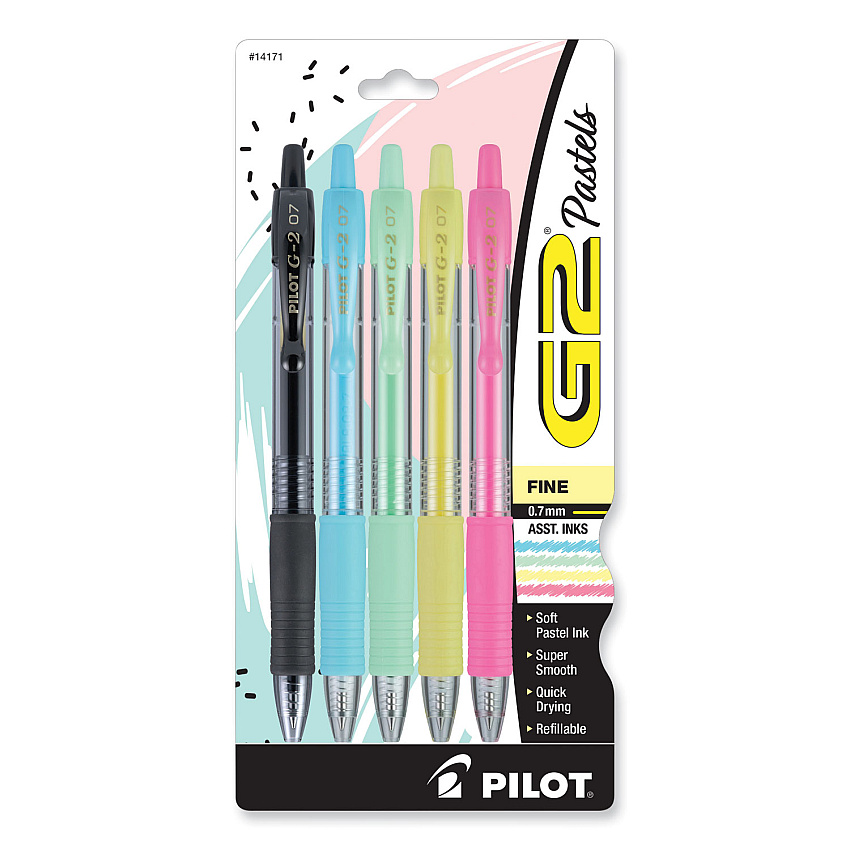 Pilot G2 Pastel Gel Pen, Retractable, Fine 0.7 mm, Assorted Pastel Ink and Barrel Colors, 5/Pack (14171)