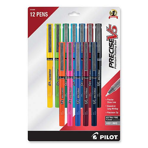 Pilot Precise V5 Roller Ball Pen, Stick, Fine 0.5 mm, Assorted Ink and Barrel Colors, Dozen (31888)