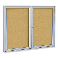 Ghent 2 Door Enclosed Natural Cork Bulletin Board with Satin Aluminum Frame, 60 x 36, Tan Surface (PA23660K)